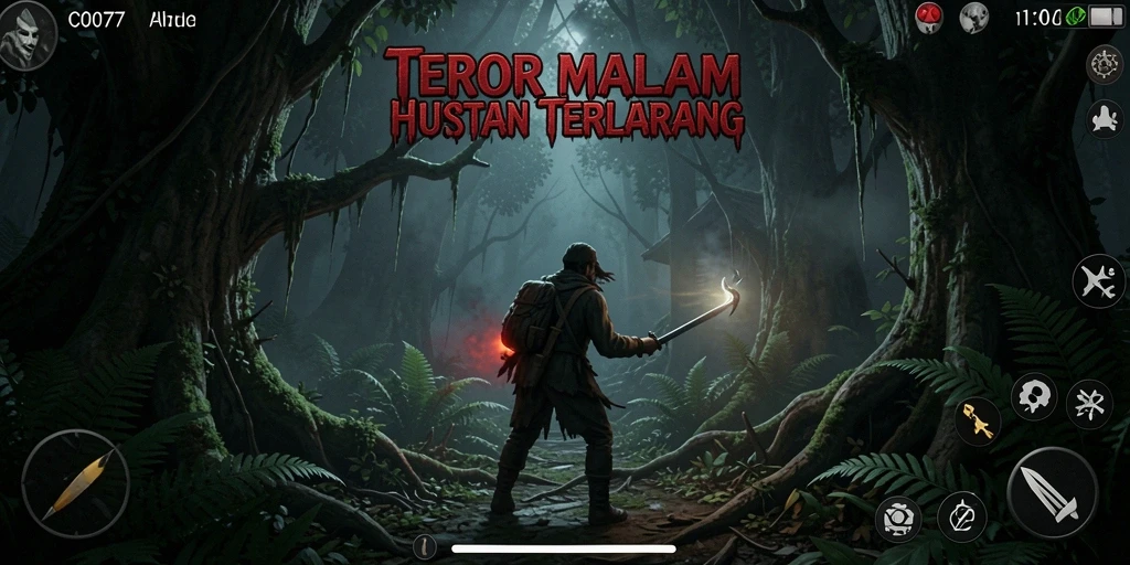 Screenshot menampilkan pemain menjelajahi hutan yang angker dan misterius.