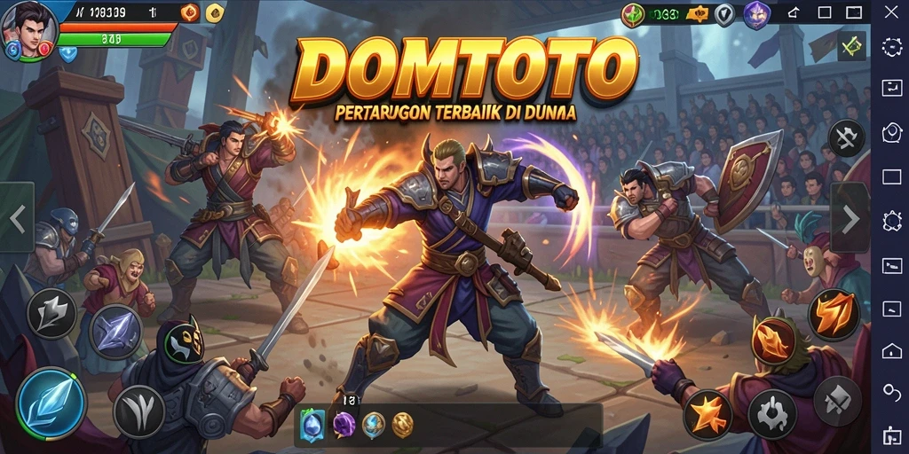 Tangkapan layar gameplay DOMTOTO menunjukkan pertarungan penuh aksi dan energi.